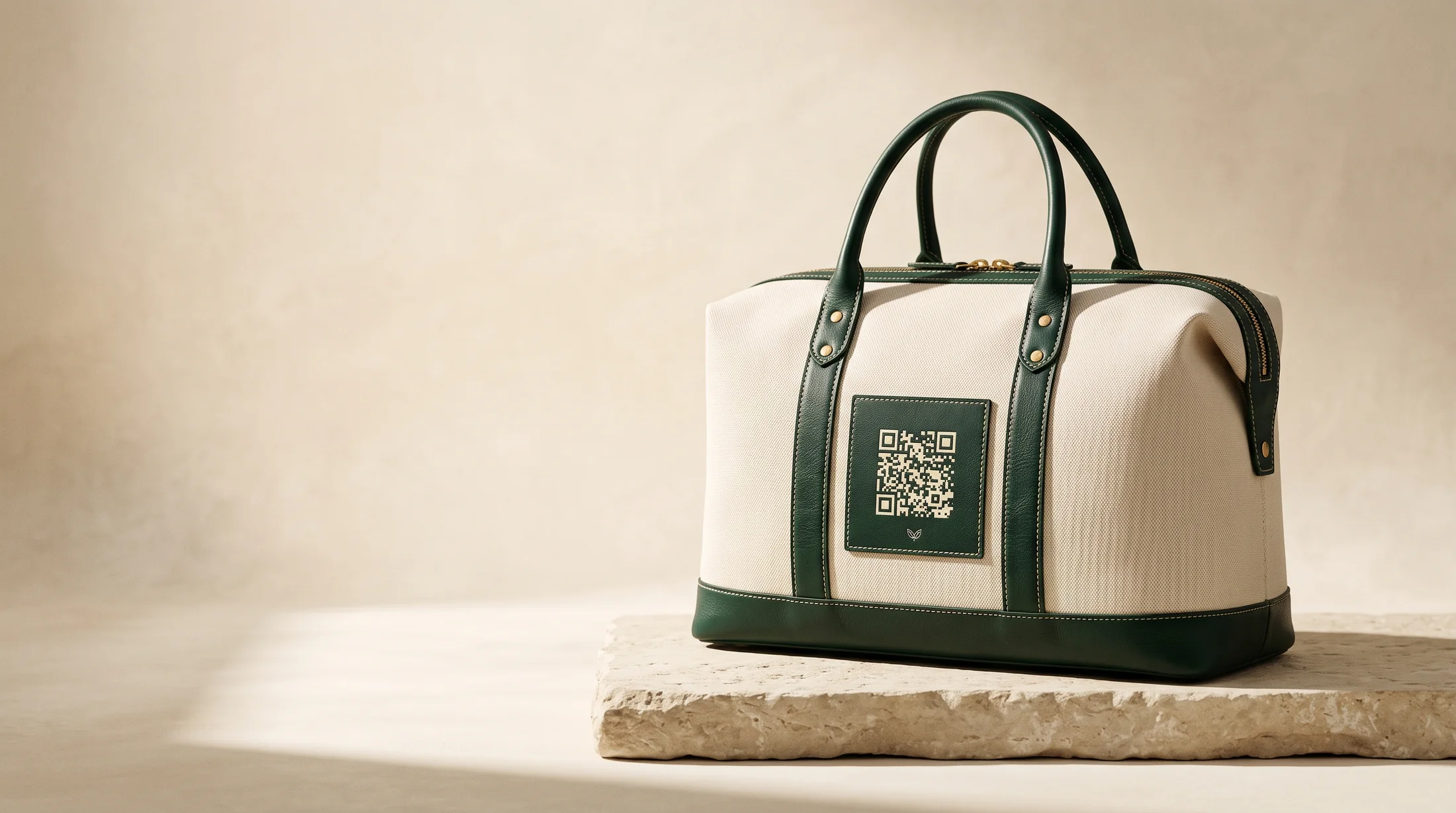 Le sac feetch en toile ivoire et cuir vert forêt, avec son QR code intégré